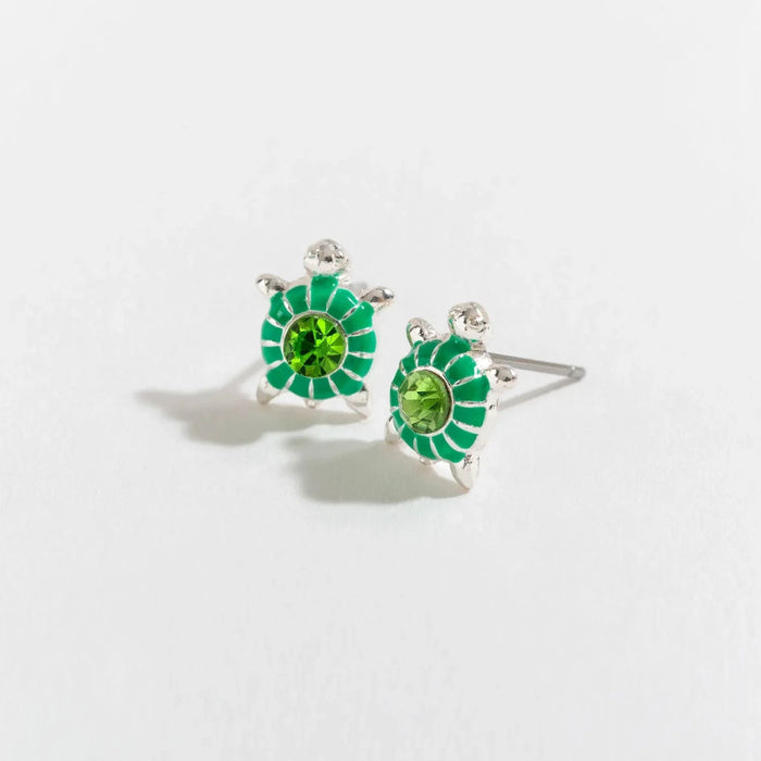 Howards Inc Silver Green Turtle Ear Sense Earring featuring a silver and green turtle design, secure click closure, and hypoallergenic post for sensitive ears.