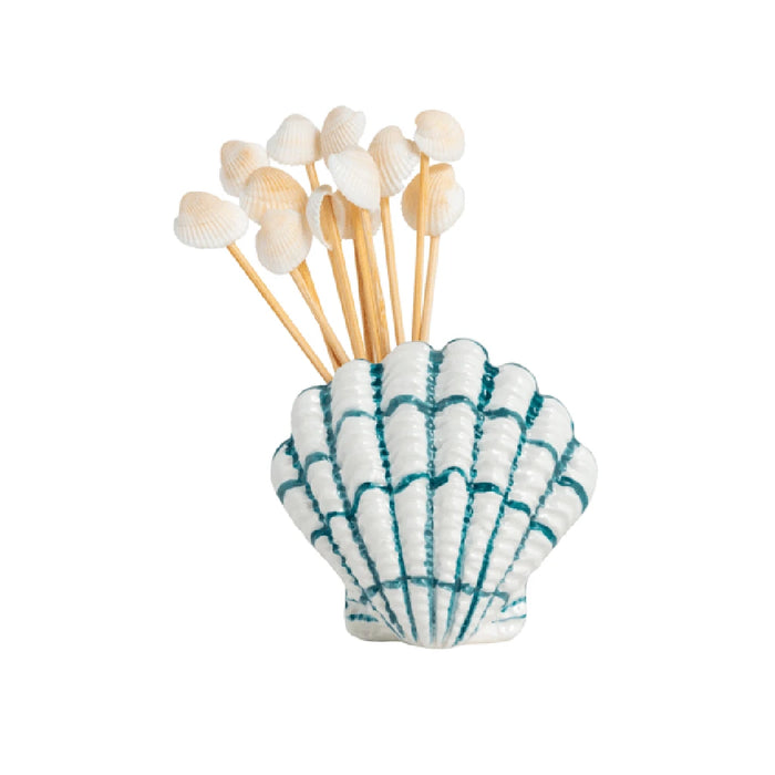 A shell-shaped holder filled with toothpicks, designed for easy access and decorative presentation.