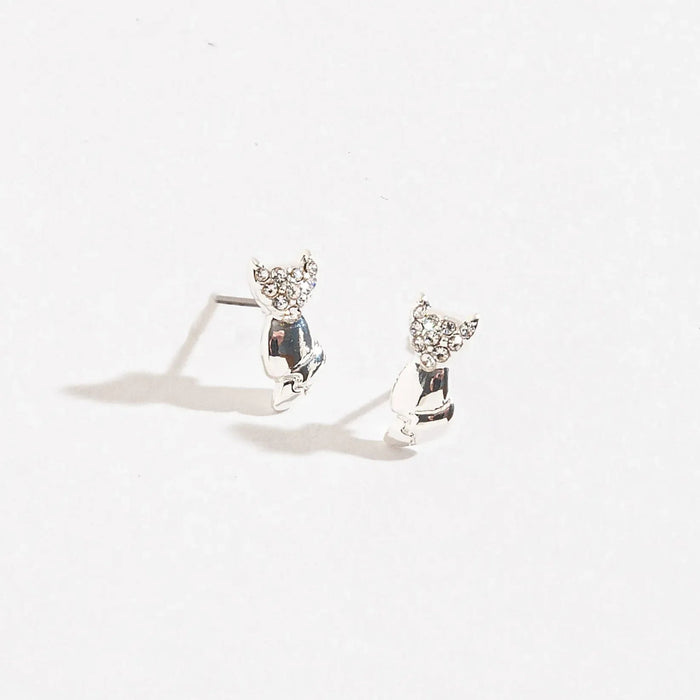 Howards Inc Cat Pave Ear Sense Earrings with sparkling crystal accents, silver-tone finish, and hypoallergenic posts for sensitive ears.