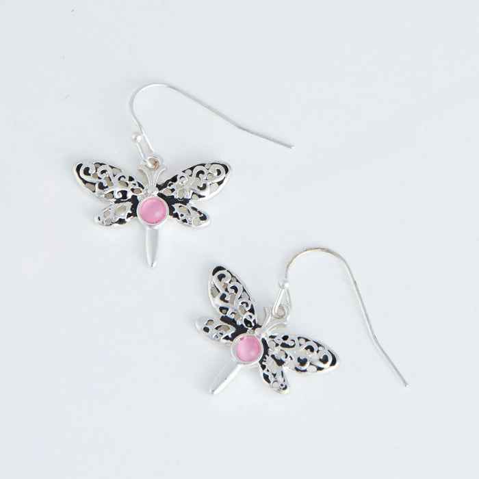 Howards Inc Silver Dragonfly Drop Ear Sense Earrings with crystal-accented dragonfly design, antique silver finish, and hypoallergenic posts for sensitive ears.