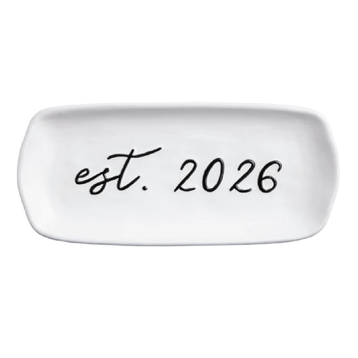 Personalized white ceramic tray with "est 2020" inscription, showcasing a modern and elegant design.