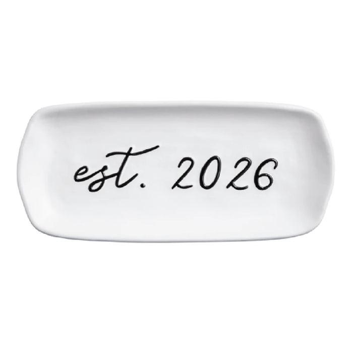 Personalized white ceramic tray with "est 2020" inscription, showcasing a modern and elegant design.