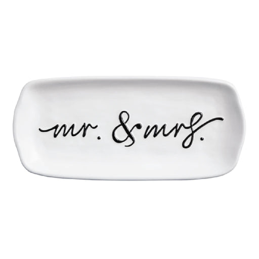 A decorative tray labeled "Mr & Mrs," featuring elegant typography and a stylish design for wedding or couple's decor.