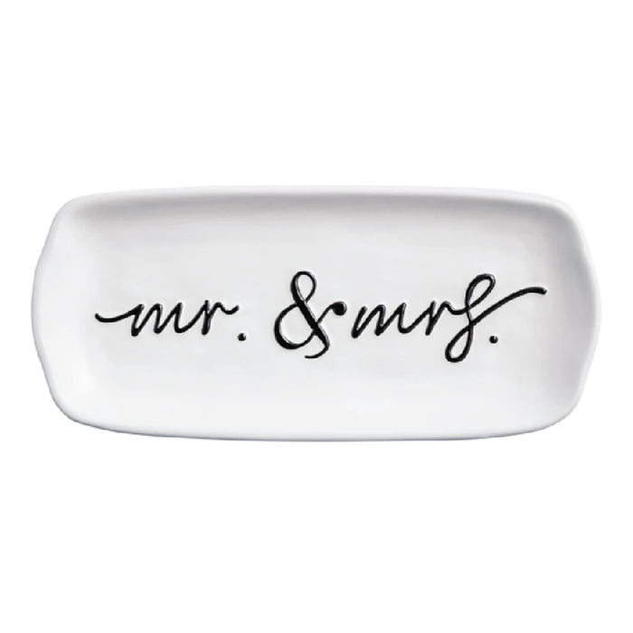A decorative tray labeled "Mr & Mrs," featuring elegant typography and a stylish design for wedding or couple's decor.