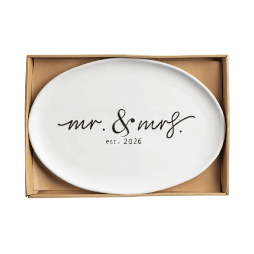 Oval platter inscribed with "Mr & Mrs," ideal for wedding or anniversary celebrations.