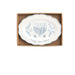 Mud Pie white scalloped Hanukkah plate with a menorah, blue floral accents, and “Happy Hanukkah” lettering in a gift box.