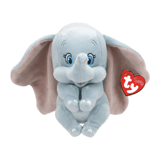 Plush Dumbo the elephant toy with a heart-shaped tag attached to its ear, showcasing its soft fabric and friendly expression.