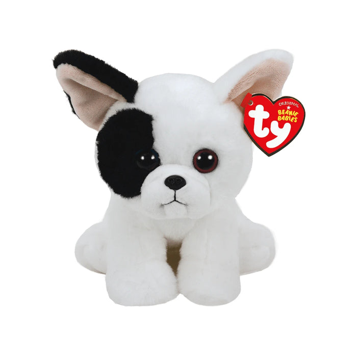 A black and white dog with a heart-shaped black tag attached to its collar.