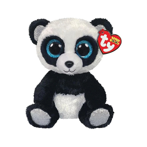 A Ty Beanie Boo panda plush toy featuring oversized eyes and a fluffy black and white body, posed in a sitting position.