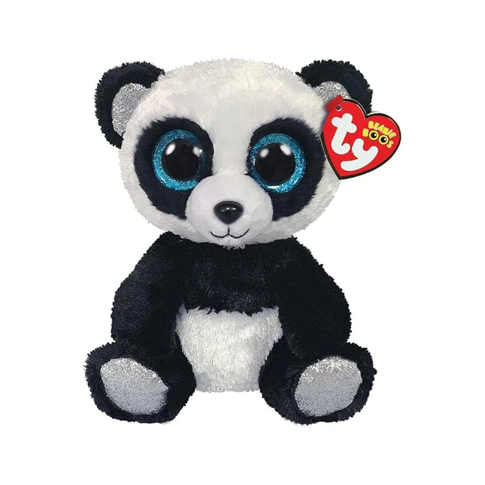 A Ty Beanie Boo panda plush toy featuring oversized eyes and a fluffy black and white body, posed in a sitting position.