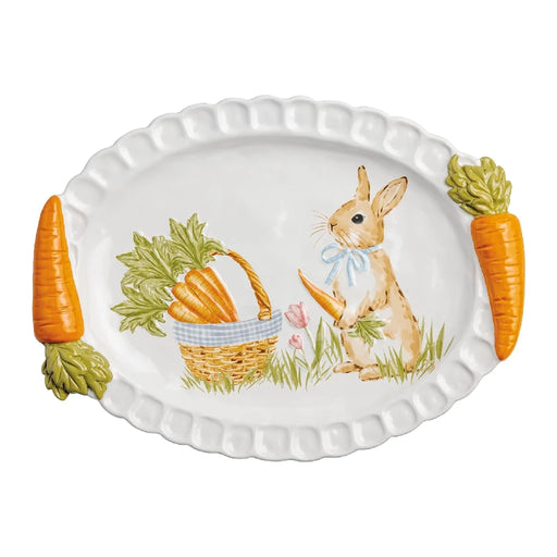 A decorative plate featuring a rabbit surrounded by vibrant carrots, showcasing a whimsical springtime theme.