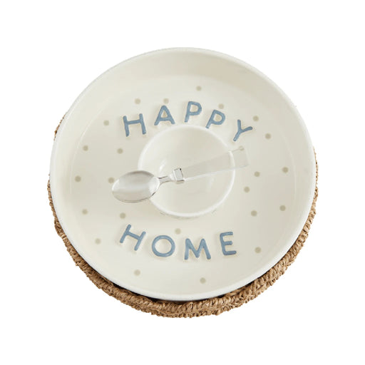 Cheerful home plate and spoon set featuring vibrant colors and playful designs, perfect for family meals and gatherings.