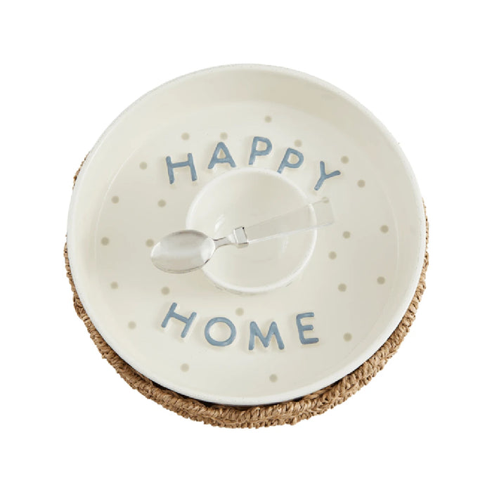 Cheerful home plate and spoon set featuring vibrant colors and playful designs, perfect for family meals and gatherings.