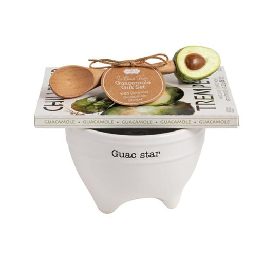 Guacamole gift set with a bowl, spoons, and avocado on a white background