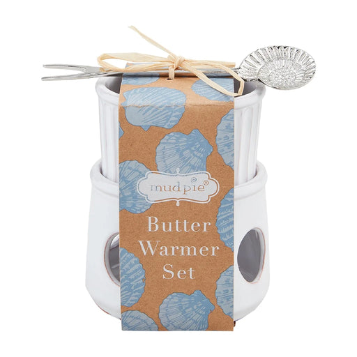 Butter warmer set with packaging featuring blue shell pattern on a white background