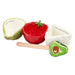 A bowl contains three distinct types of food, showcasing a variety of colors and textures.