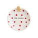Round ceramic ornament with red polka dots and a gingerbread man on top, featuring the text 'Oh snap' on a white background.