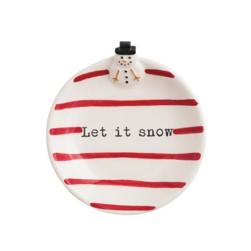 Decorative plate with red stripes and a snowman design, featuring the text 'Let it snow'.