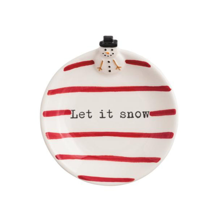 Decorative plate with red stripes and a snowman design, featuring the text 'Let it snow'.