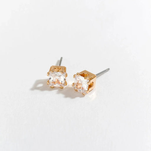 Howards Inc 5mm Gold Square Cubic Zirconia Ear Sense Earrings with a gold-tone setting, sparkling CZ stone, and hypoallergenic posts for sensitive ears.