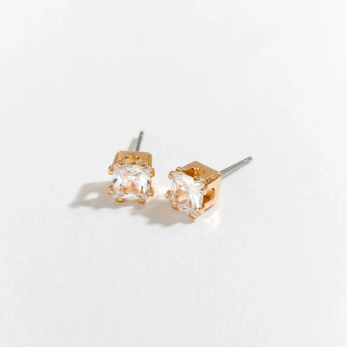 Howards Inc 5mm Gold Square Cubic Zirconia Ear Sense Earrings with a gold-tone setting, sparkling CZ stone, and hypoallergenic posts for sensitive ears.