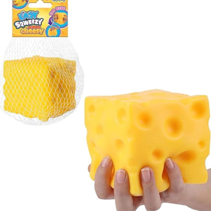 Easy Sqweezy Super Cheesy soft squishy toy featuring a playful cheese-inspired design for sensory play, fidgeting, stress relief, and imaginative fun.