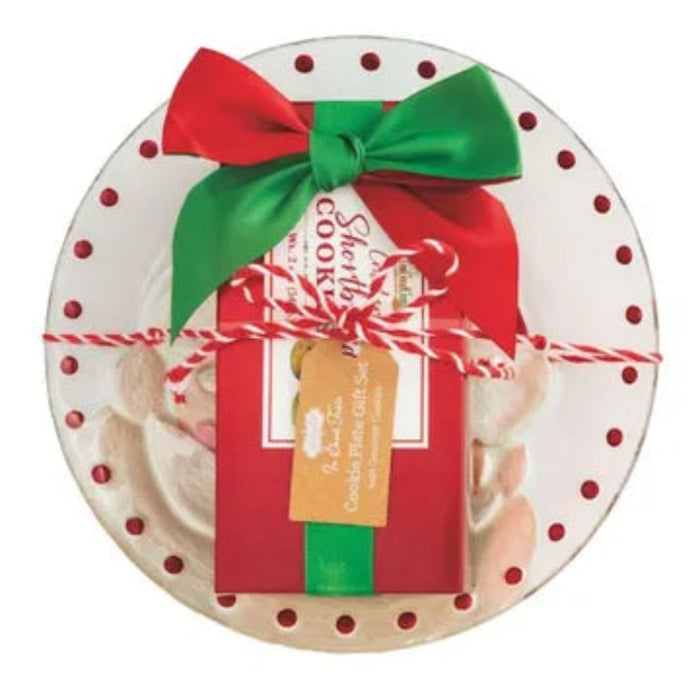 Decorative plate with a gift box design featuring a red bow and tag on a white background.
