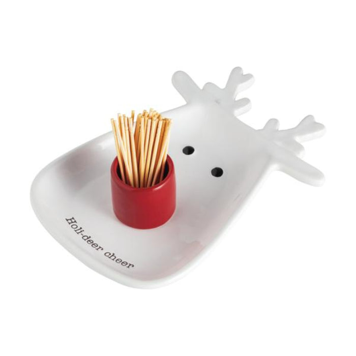 Deer-shaped toothpick holder with red container holding toothpicks on a white background