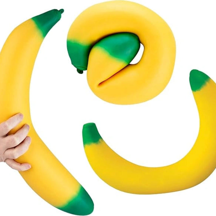 Easy Sqweezy Giant Stretchy Banana oversized stretchy sensory toy featuring a soft banana-shaped design for squeezing, stretching, fidgeting, and stress relief.
