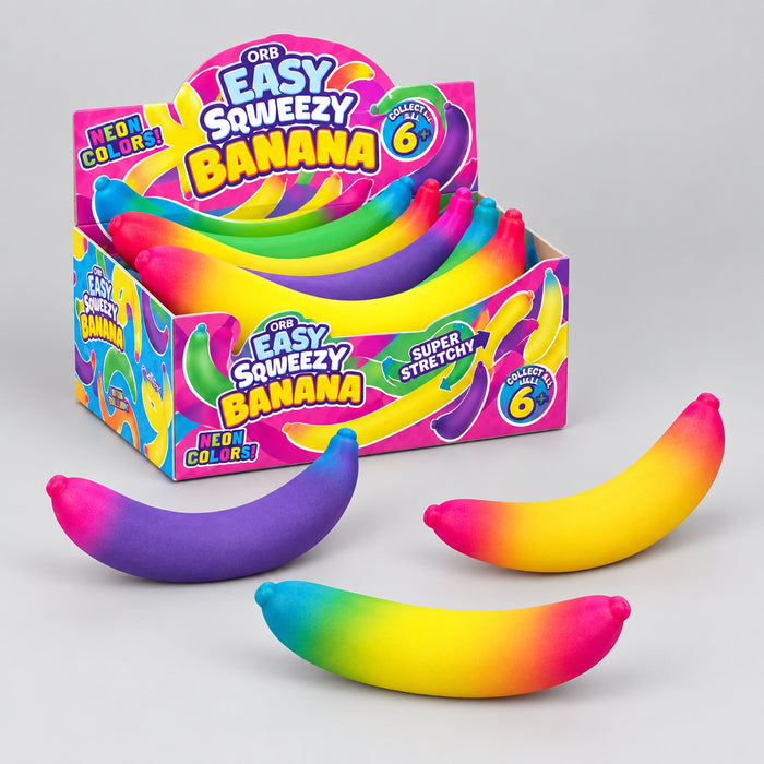 Orb Toys Easy Sqweezy NEON Banana Squeeze Toy featuring a bright neon banana design.
