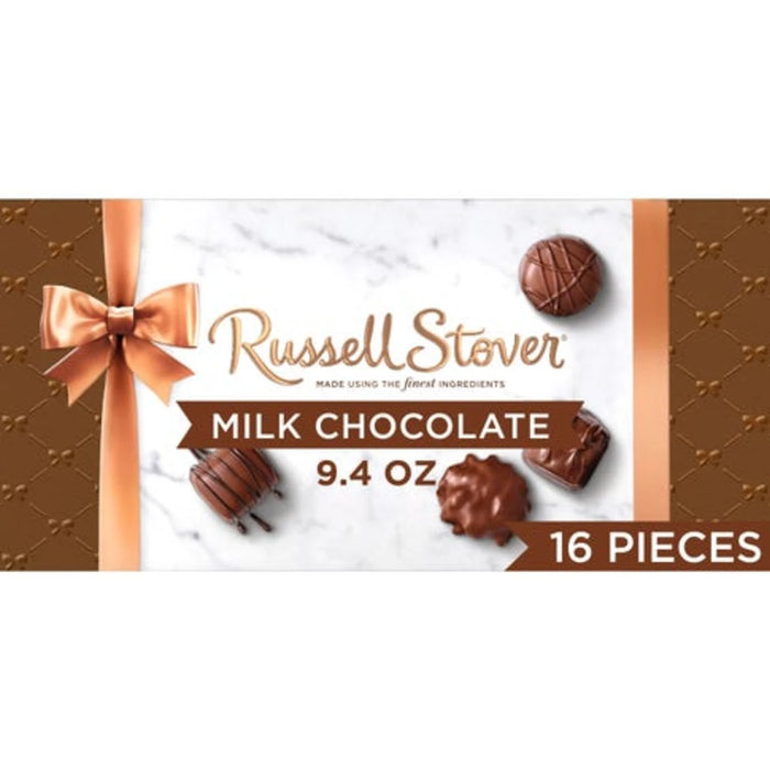 A Russell Stover chocolate box featuring an assortment of chocolates in a decorative package.