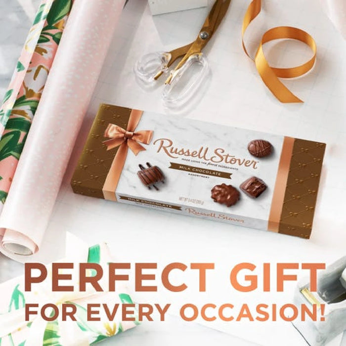 A Russell Stover chocolate box with an elegant design, containing assorted chocolates for gifting.
