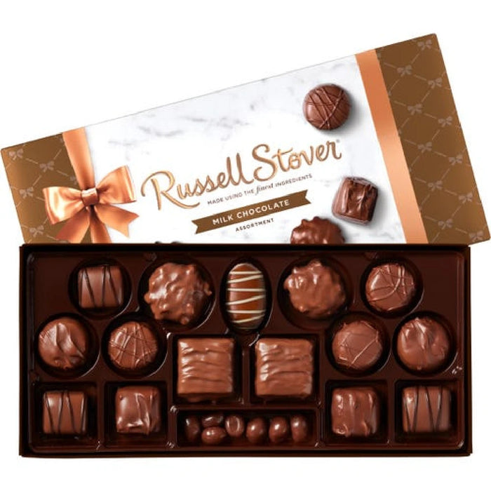 A beautifully wrapped Russell Stover chocolate box showcasing a variety of chocolates inside.