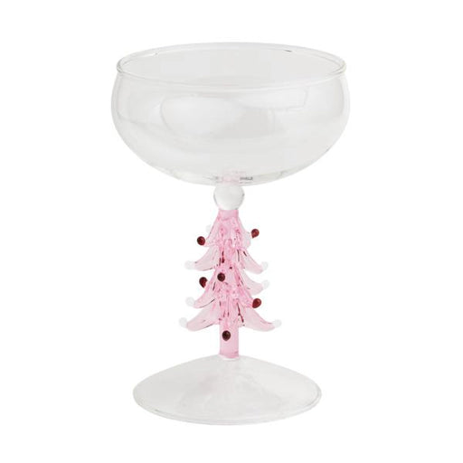 Clear glass bowl with a pink Christmas tree decoration on a white background