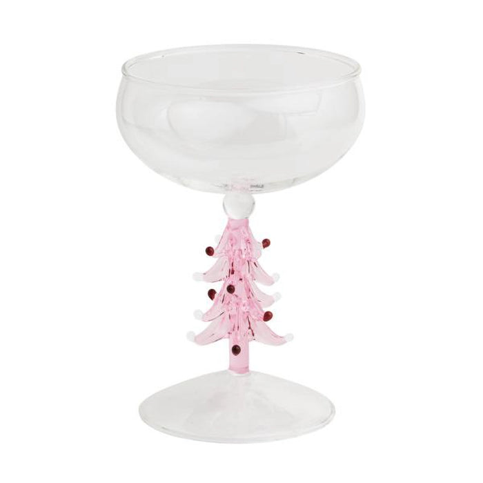 Clear glass bowl with a pink Christmas tree decoration on a white background