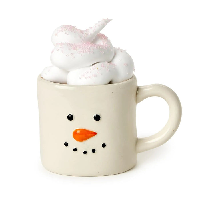 Snowman-themed mug with marshmallows on a white background