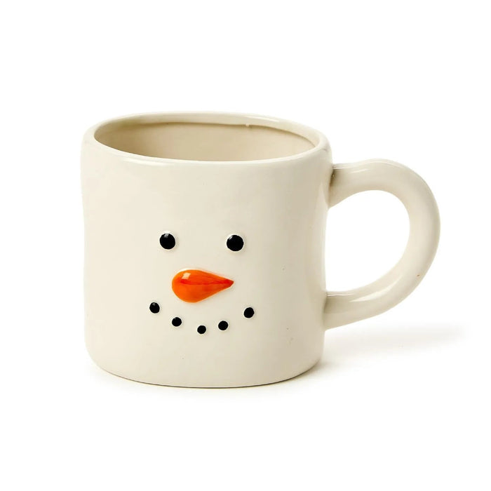 White mug with a snowman face design on a white background