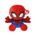 A plush Spider-Man toy with a heart-shaped tag attached to it, showcasing a friendly and playful design.