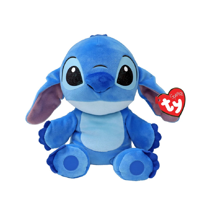 Plush Stitch toy featuring a heart design on its back, showcasing a cute and playful character.