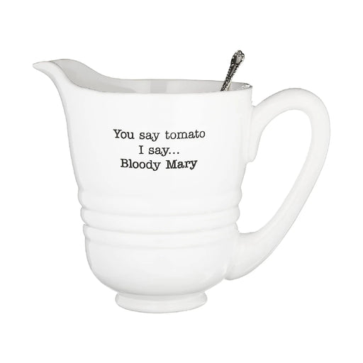 A playful text graphic featuring the phrase "You say tomato, I say Bloody Mary" with vibrant colors and a cocktail illustration.