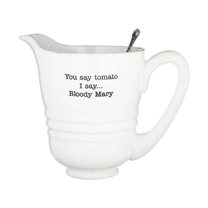 A playful text graphic featuring the phrase "You say tomato, I say Bloody Mary" with vibrant colors and a cocktail illustration.