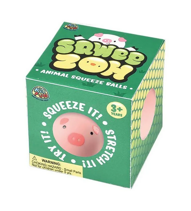 Box of Squeeze Zon animal squeeze balls with green and yellow design
