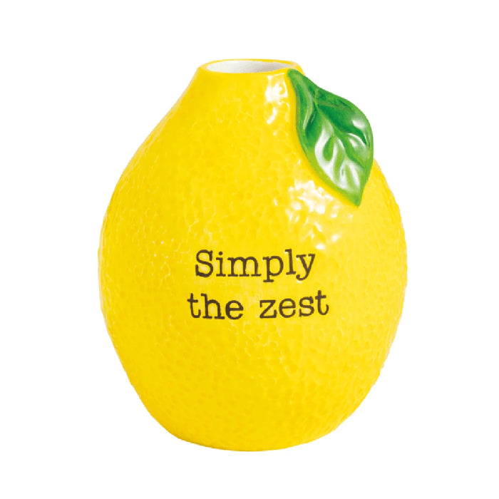 A vibrant lemon-shaped vase filled with fresh flowers, showcasing a bright and cheerful design.