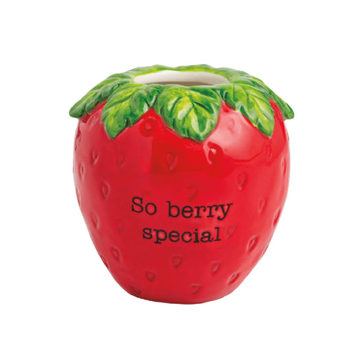 A ceramic vase designed with a strawberry motif, showcasing vibrant colors and intricate detailing.