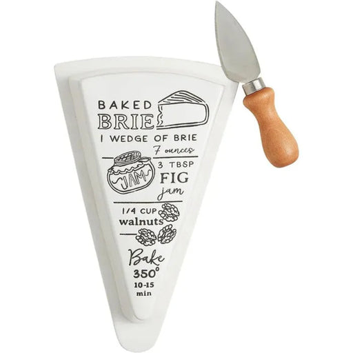 Baked Brie preparation kit with piping bag and knife on a white background