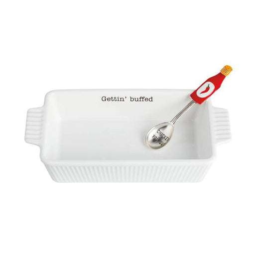 White rectangular dish with a spoon and container labeled 'Buffalo' on a white background