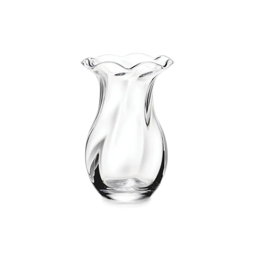 A clear glass vase with a unique wavy pattern, highlighting its artistic and modern design.