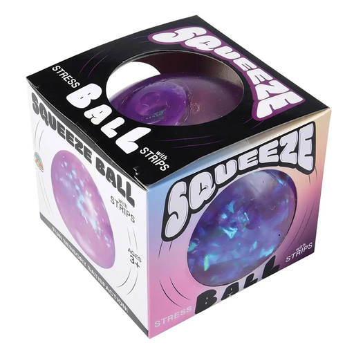 Box of a purple and blue stress ball with 'Squeeze Ball' branding.