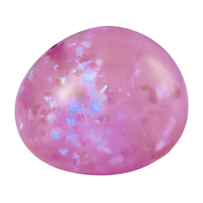 Pink gemstone with opal-like inclusions on a white background