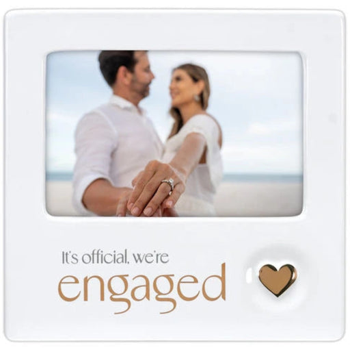 Malden 4x6 We're Engaged ceramic photo frame with elegant engagement sentiment.